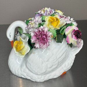 Denton Bone China Swan with Floral Bouquet – Hand-Painted Porcelain Figurine